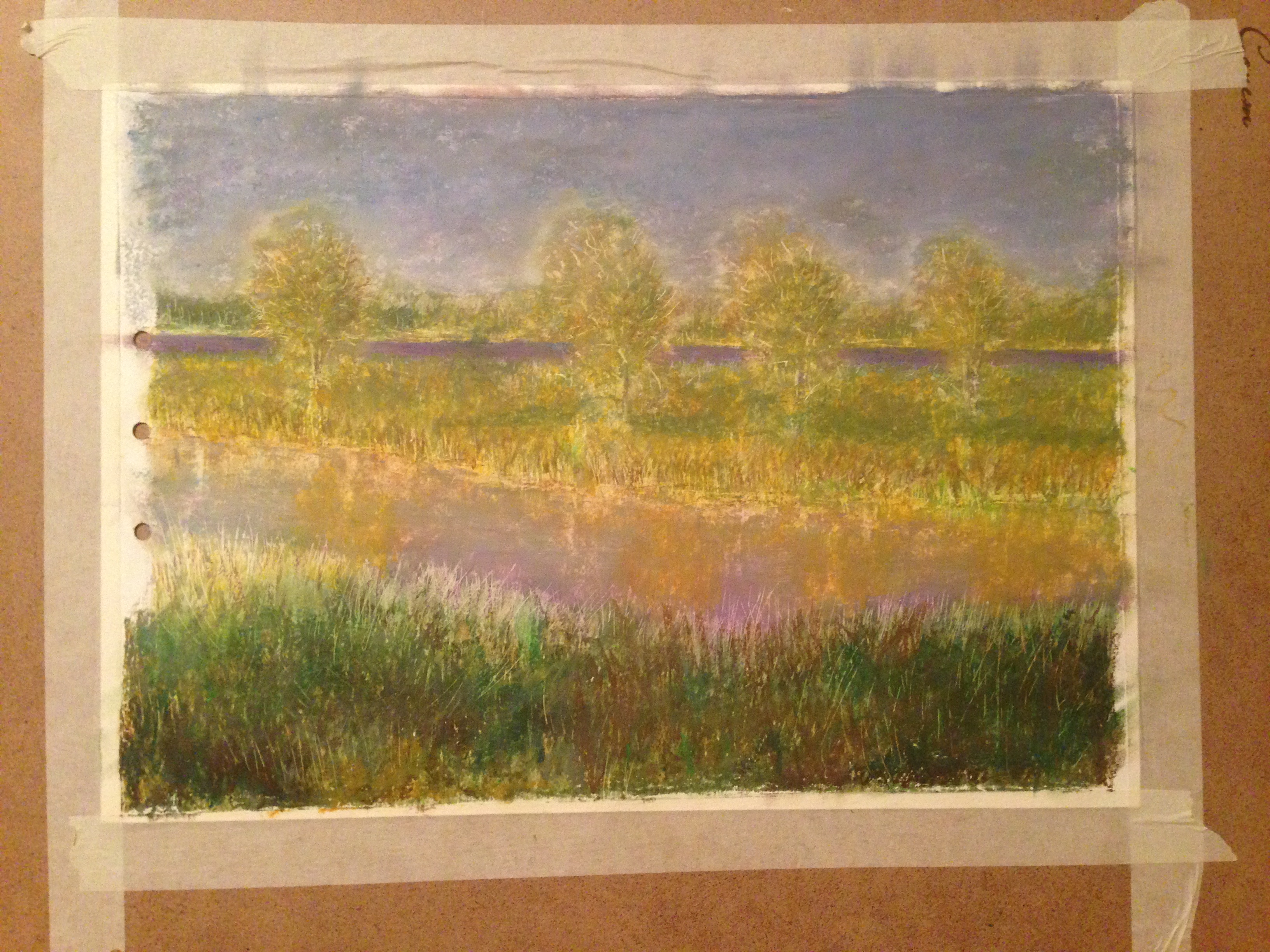 Речной пейзаж рисунок масляная пастель
