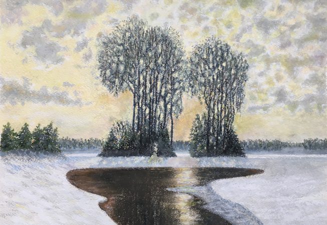 Зимний пейзаж весна пастель лес закат природа картина художник Альберт Сафиуллин