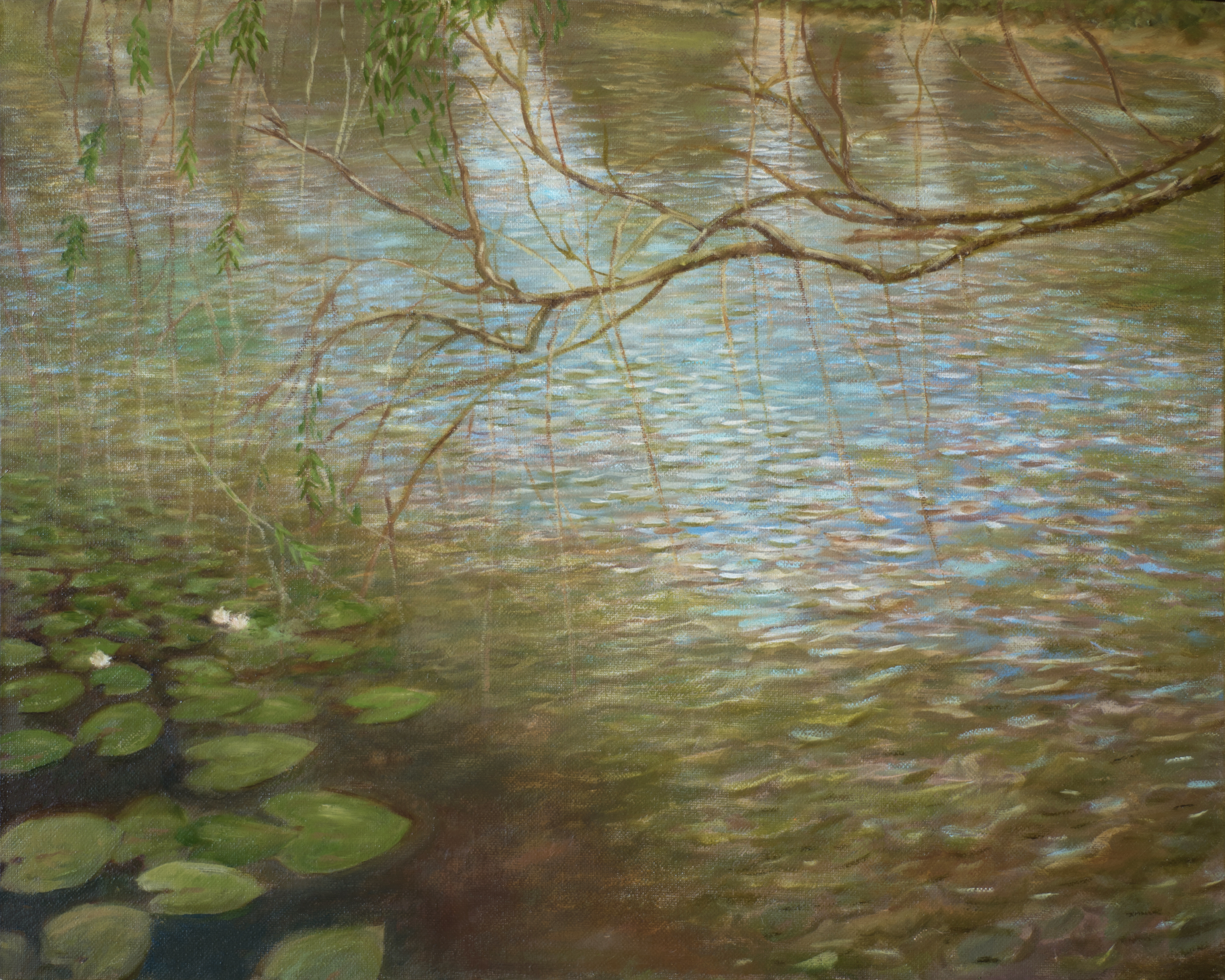 речной пейзаж кувшинки ветка картина маслом художник Альберт Сафиуллин