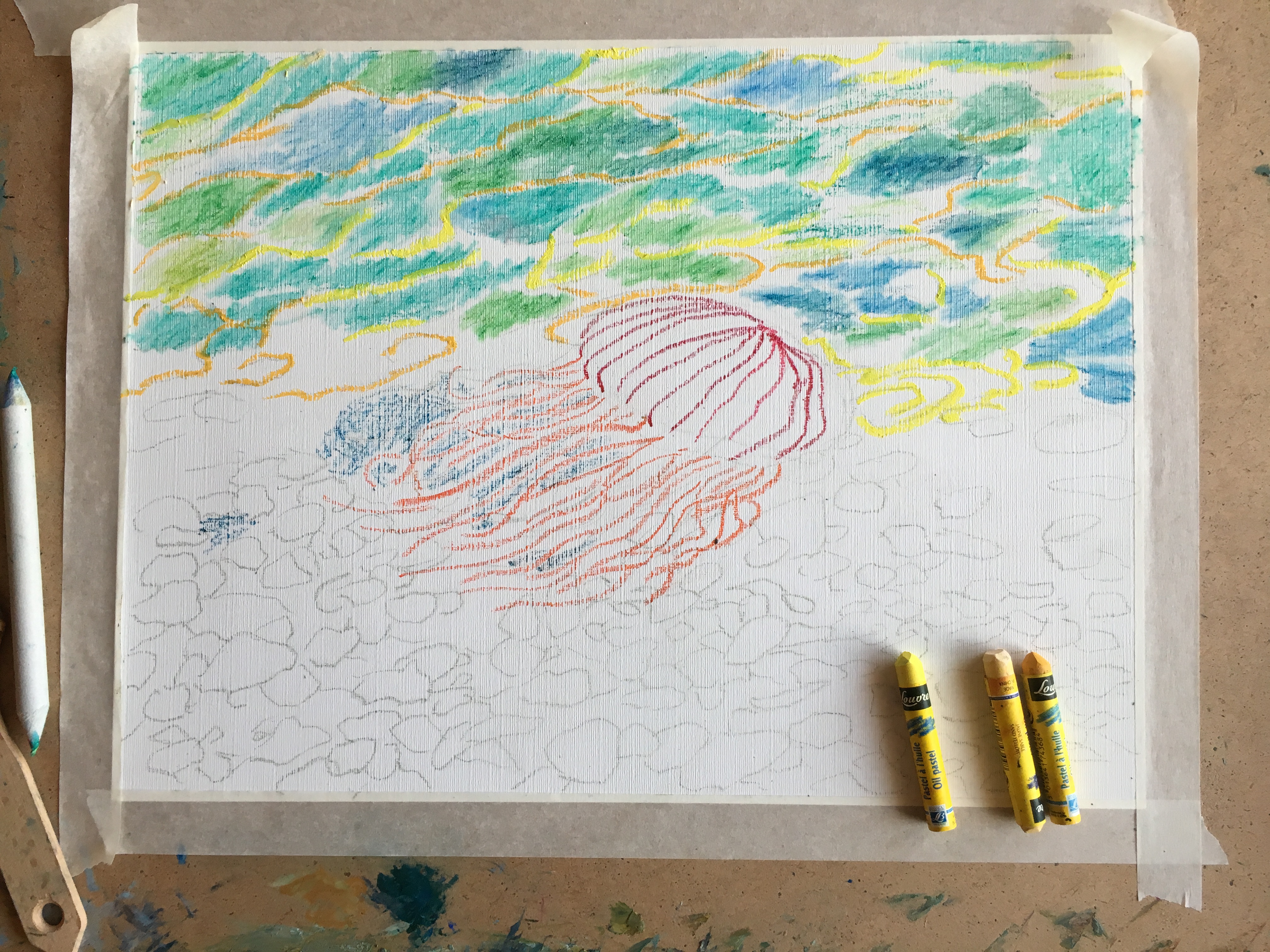 медуза подводный мир море масляная пастель рисунок художник Альберт Сафиуллин