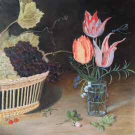 Натюрморт с корзиной винограда и тюльпанами в стеклянной вазе Исаак Соро картина художник Альберт Сафиуллин
