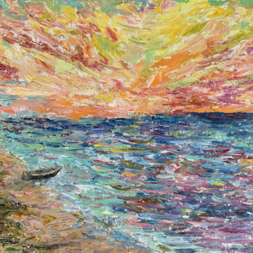 Море пейзаж закат лодка волны картина холст масло художник Альберт Сафиуллин
