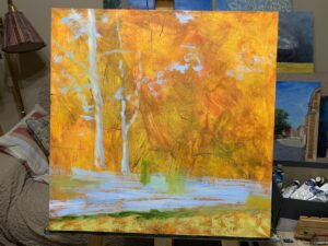 Осенний пейзаж деревья листопад парк пруд сентябрь холст масло картина художник Альберт Сафиуллин