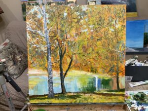 Осенний пейзаж деревья листопад парк пруд сентябрь холст масло картина художник Альберт Сафиуллин