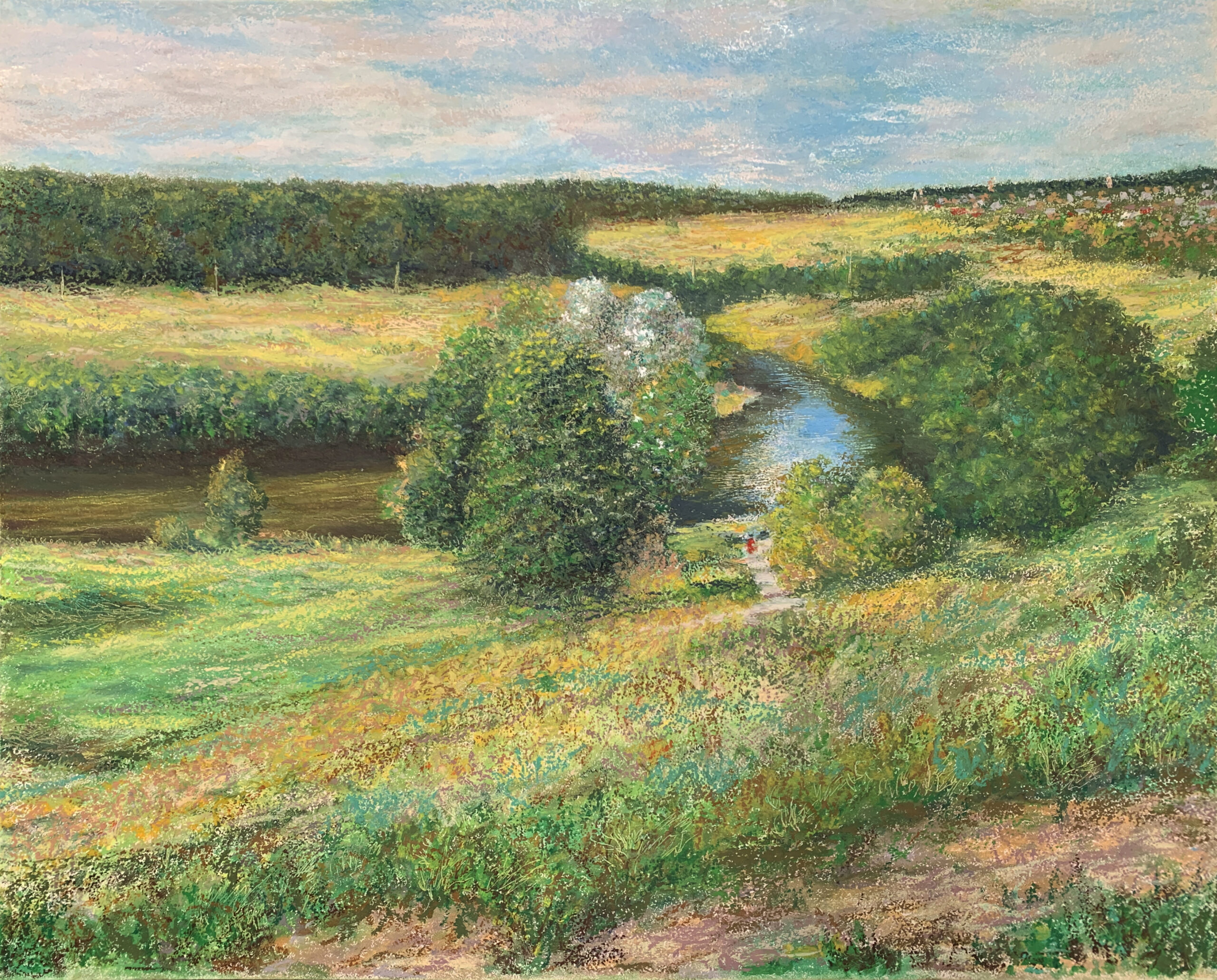 Пейзаж картина река Протва Ермолино масляная пастель лето импрессионизм художник Альберт Сафиуллин
