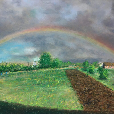 Деревенский пейзаж Барышево радуга картина масляная пастель художник Альберт Сафиуллин