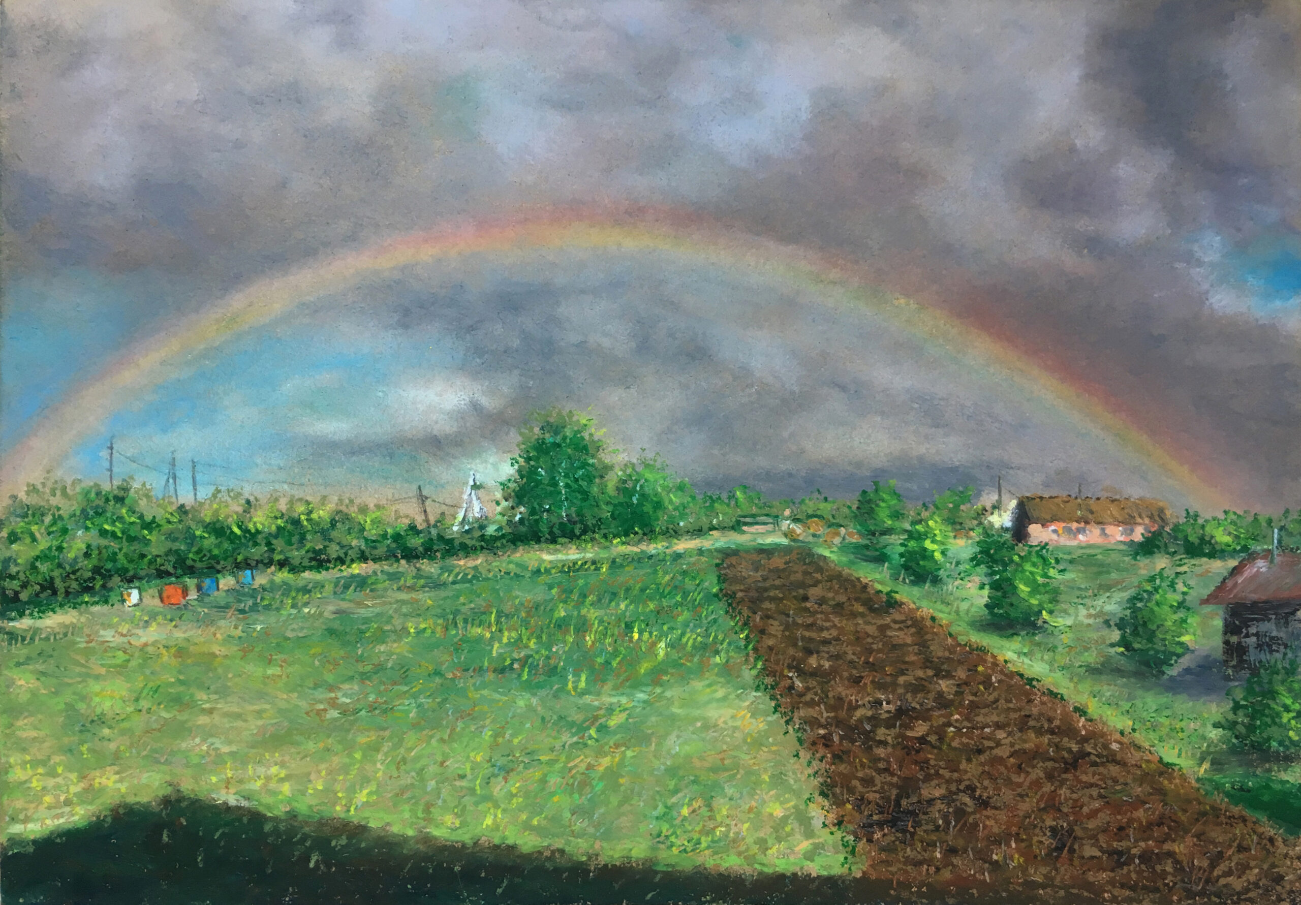 Деревенский пейзаж Барышево радуга картина масляная пастель художник Альберт Сафиуллин