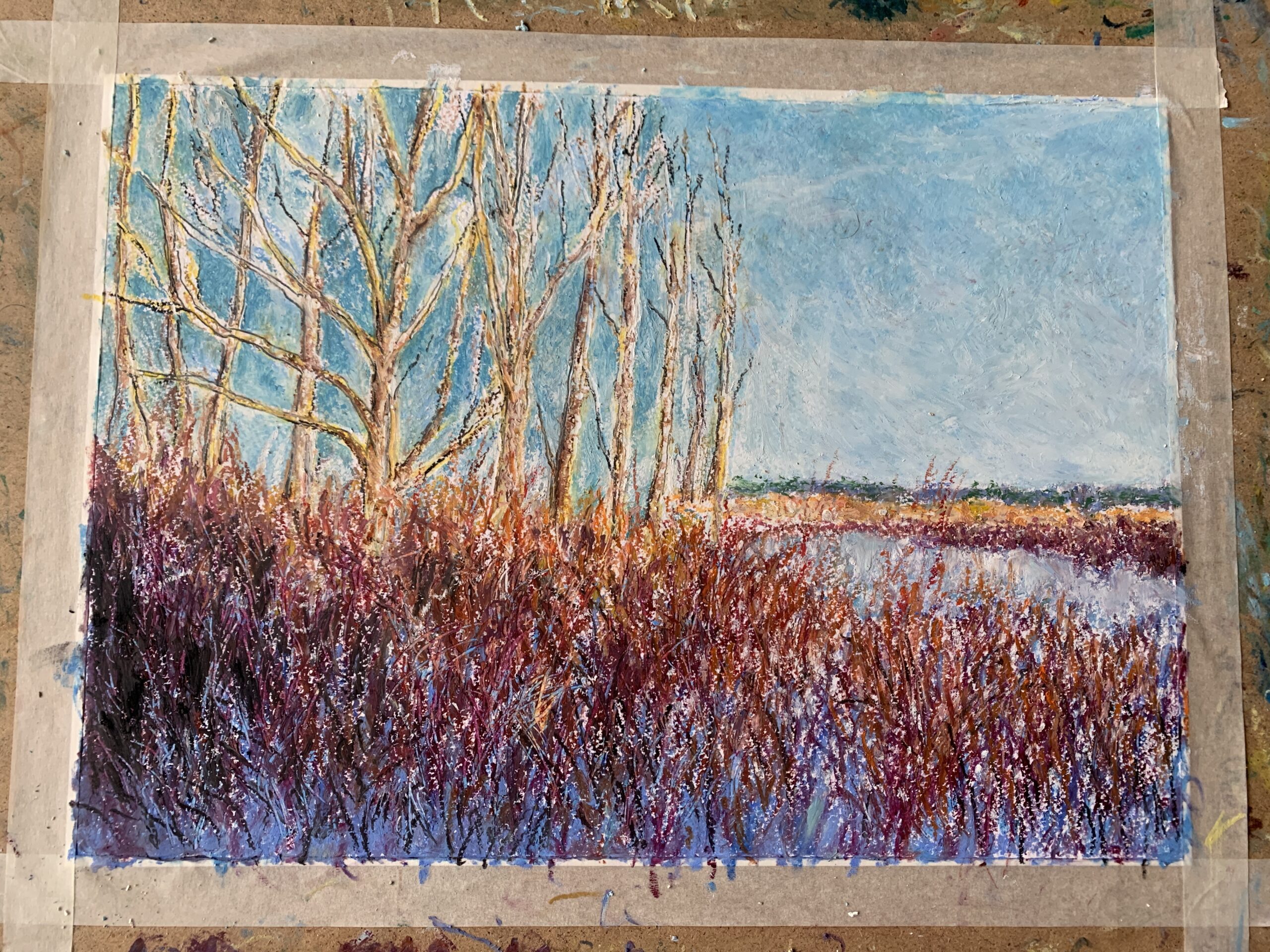 Январь зимний пейзаж река Лиелупе Латвия Юрмала закат деревья масляная пастель художник Альберт Сафиуллин